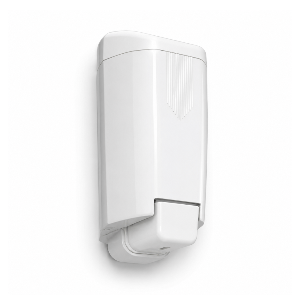 Dispenser sapone bianco installato a parete in bagno professionale minimalista