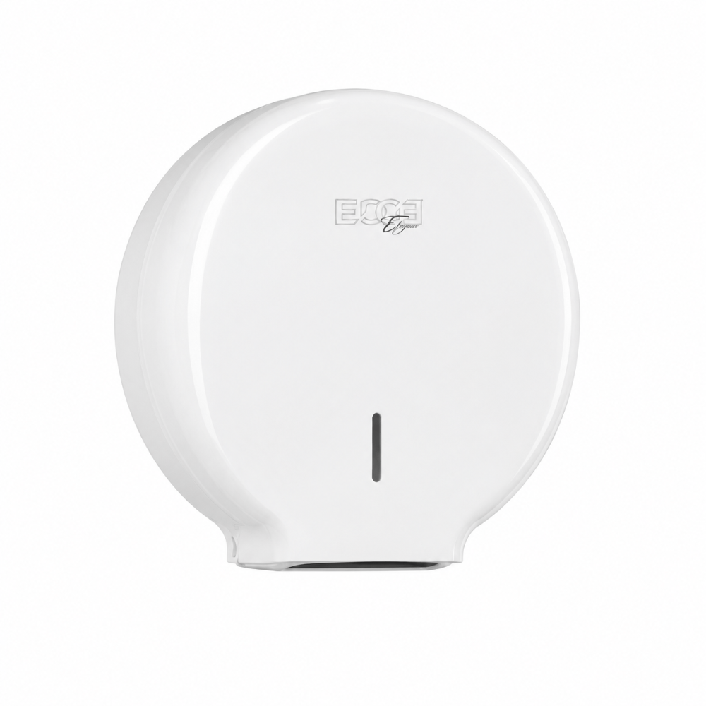 Dispenser carta igienica Maxi Jumbo in ABS bianco su sfondo minimalista