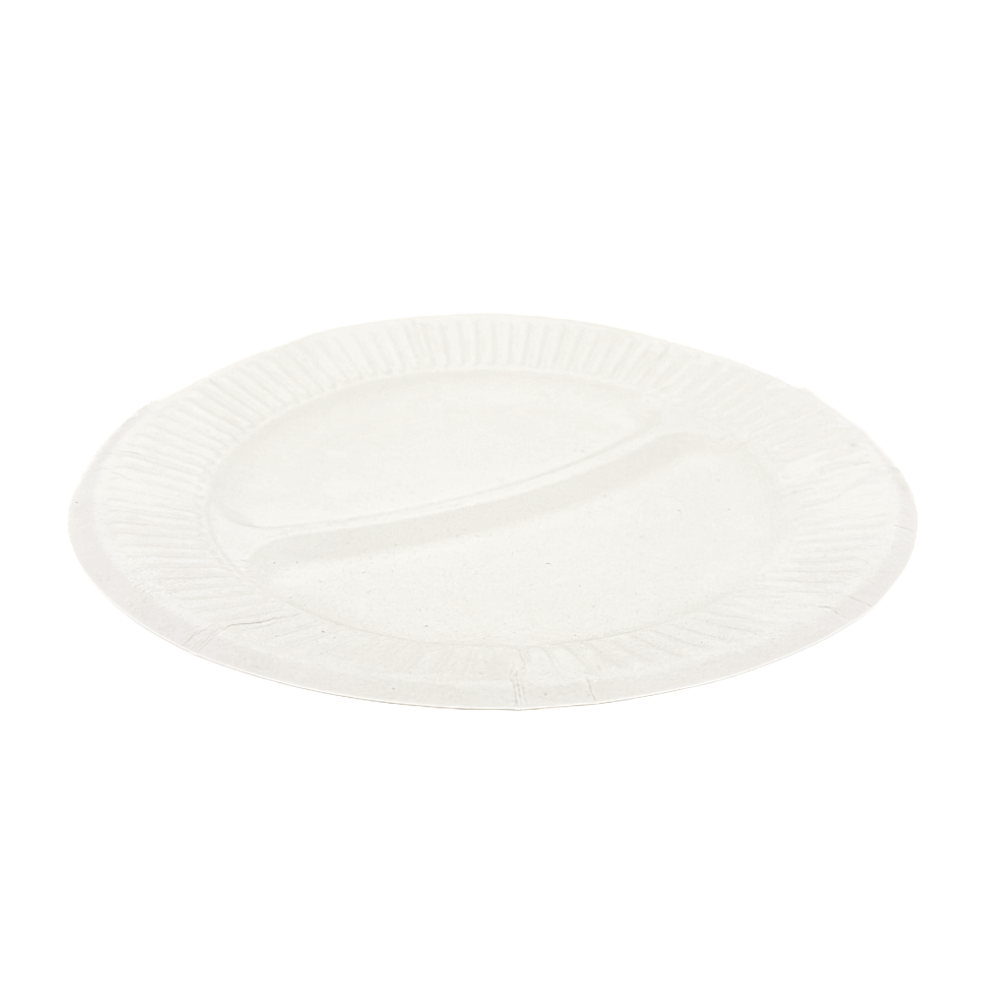 Piatti biscomparto ecologici in polpa di cellulosa, diametro 22 cm, confezione da 125 pezzi.