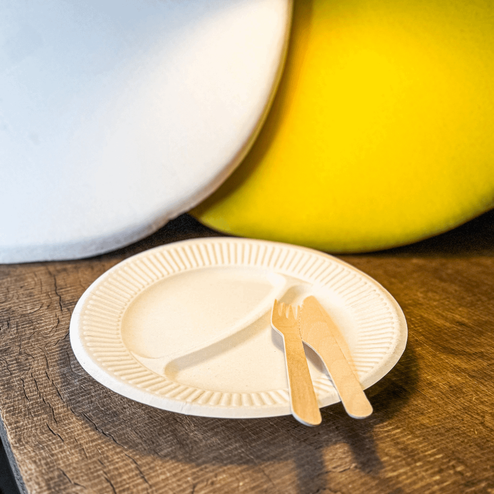 Piatti biscomparto ecologici in polpa di cellulosa 22 cm, compostabili e resistenti.