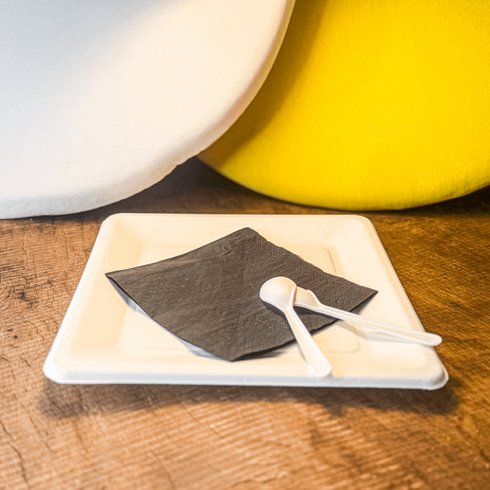 Piatti quadrati in polpa di cellulosa e PLA 20 cm, compostabili e biodegradabili.