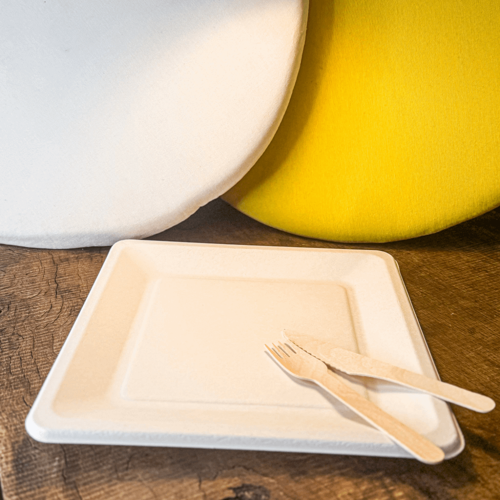 Piatti quadrati in polpa di cellulosa e PLA 26 cm, ecologici e versatili.
