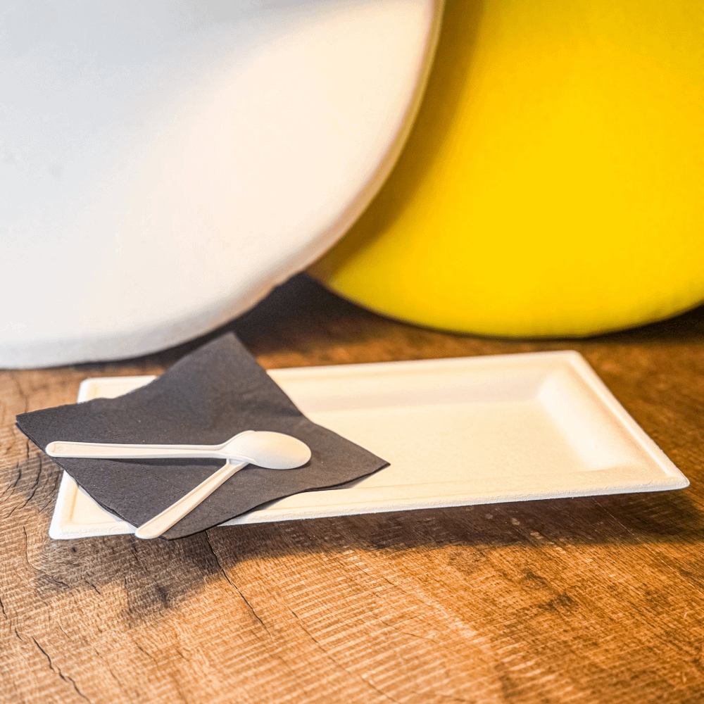 Dettaglio piatto rettangolare in polpa di cellulosa e PLA, texture naturale, 26x13 cm