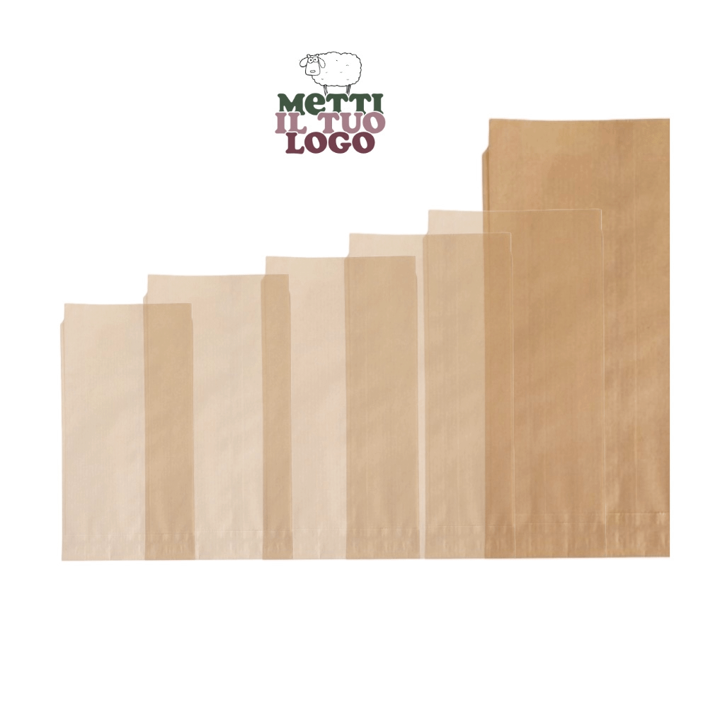 Sacchetti carta avana millerighe con soffietto laterale, personalizzabili.