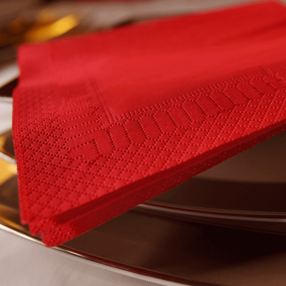 Tovaglioli rossi 40x40 cm in ovatta, 800 pz, per ristoranti e locali, altamente assorbenti.