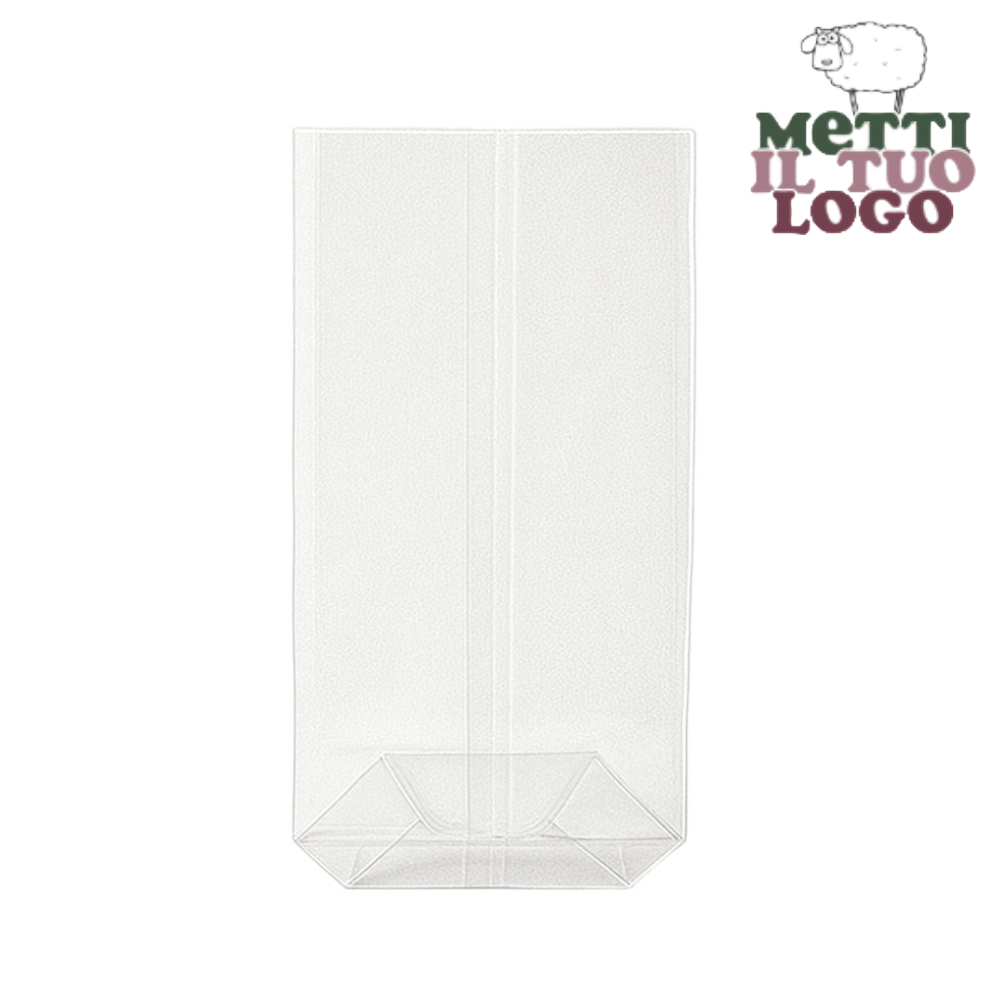 Enveloppes personnalisées transparentes à fond carré en Natureflex™ 12+7x35 cm, compostables et biodégradables.