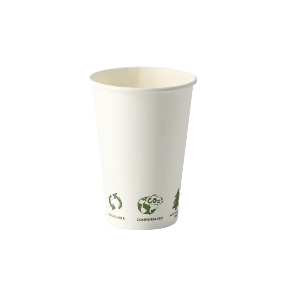 Gobelet en carton blanc recyclable 220 ml avec pictogrammes écologiques verts, vue sur fond blanc