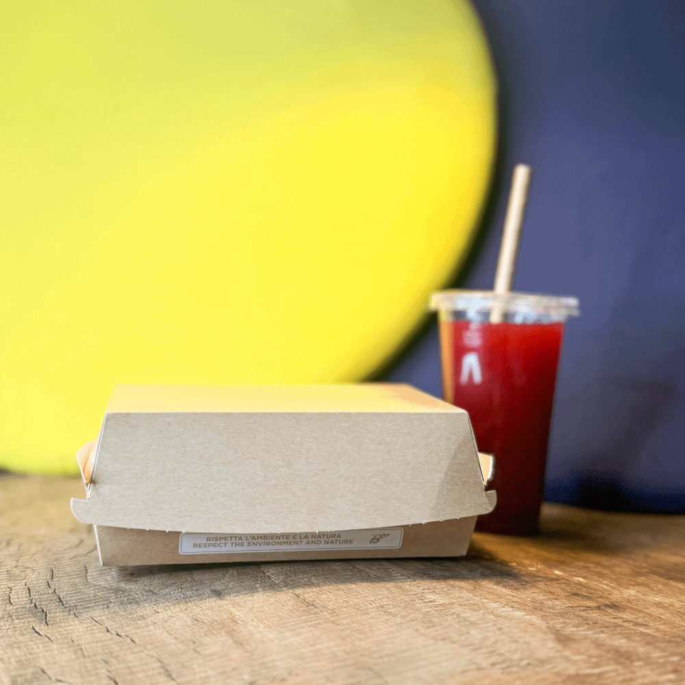 Porte-burger à emporter Havane personnalisé, certifié sans plastique et biodégradable.