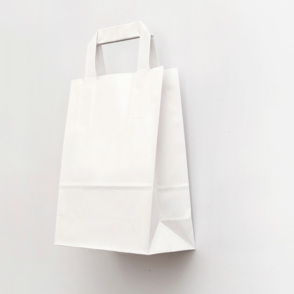 Shopper blanc avec poignées en papier écologique 26x14x32 cm, idéals pour un transport écologique et pratique.