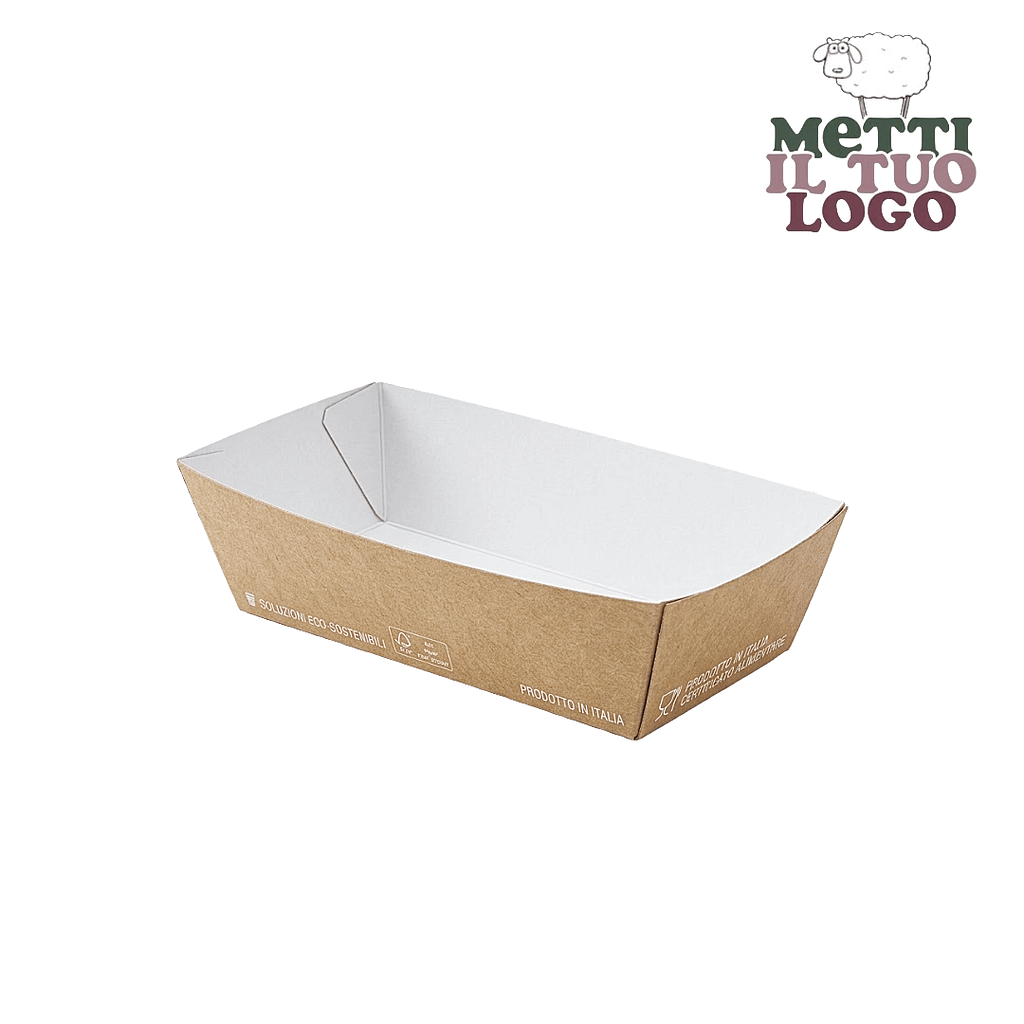 Barchetta finger food in cartone avana personalizzabile con logo, compostabile e rivestita in PLA