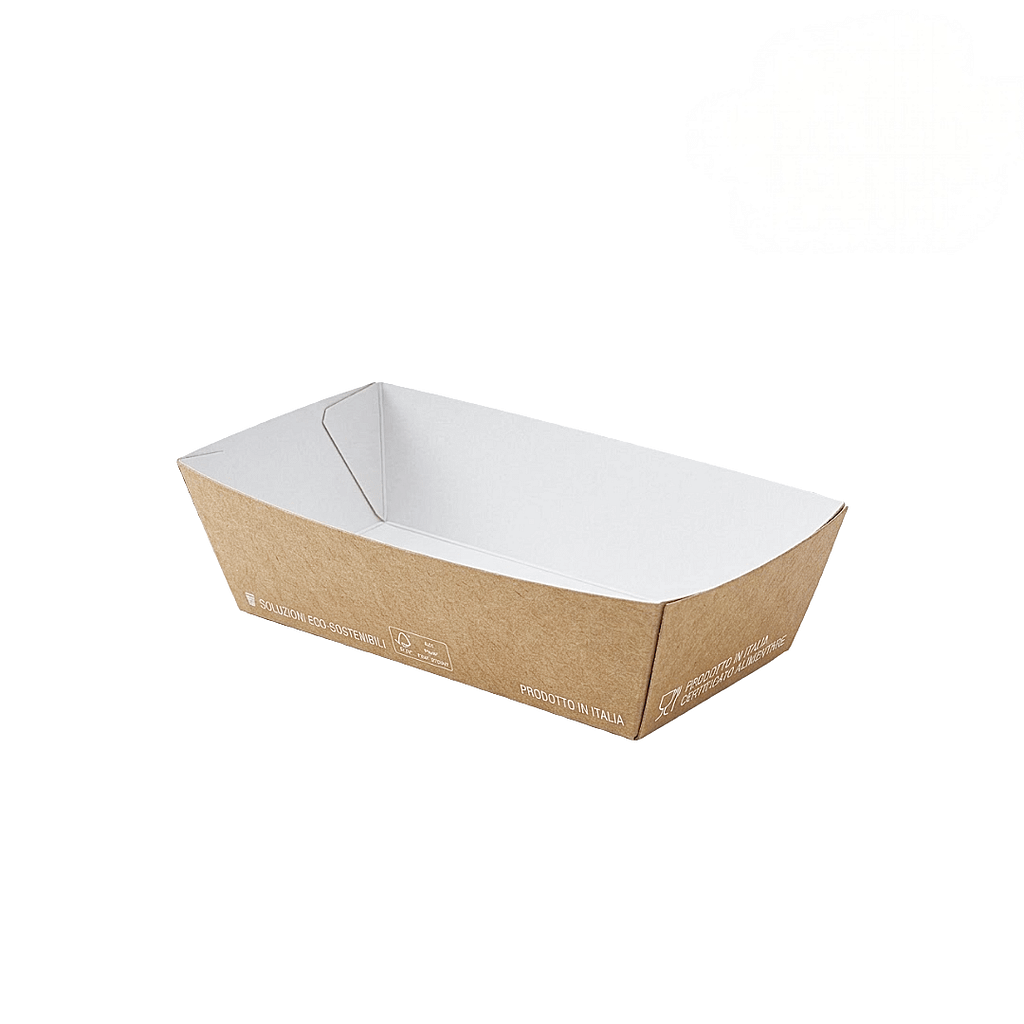 Vaschetta rettangolare in cartoncino avana con interno chiaro, compostabile e monouso per street food
