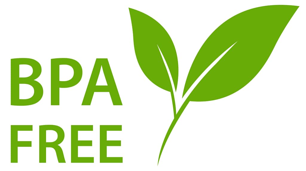 Scritta BPA Free con foglie verdi, simbolo di materiali senza bisfenolo A