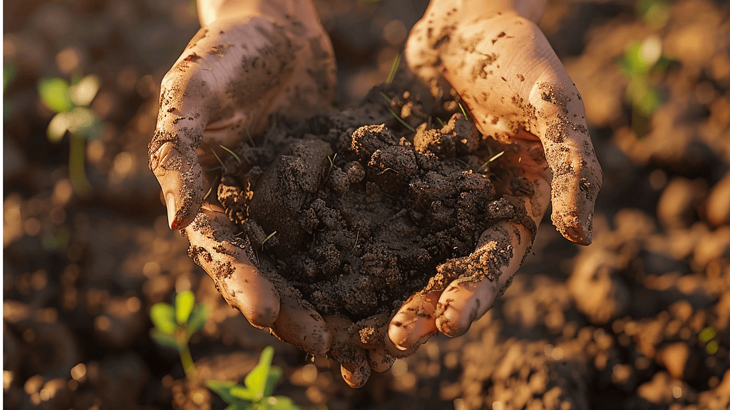 Mani che raccolgono terra fertile con piccoli germogli, simbolo di compostaggio e agricoltura sostenibile.