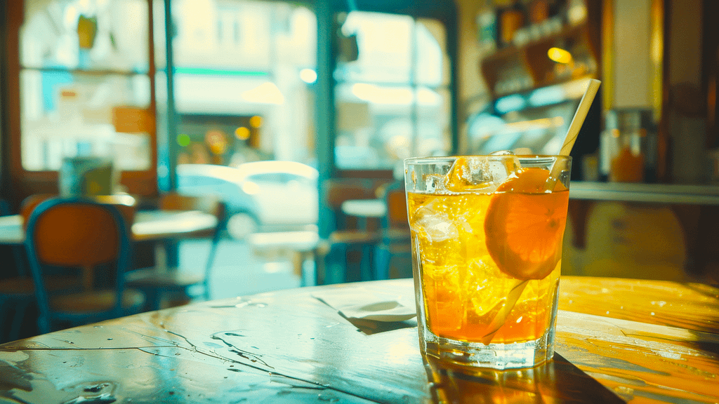 Drink con fetta d’arancia e cannuccia compostabile su tavolo da bar, con sfondo urbano sfocato.