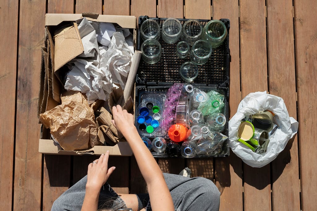 Persona che separa carta, plastica e vetro per il riciclo domestico, concetto di gestione sostenibile dei rifiuti e riduzione dell’uso di plastica fossile.