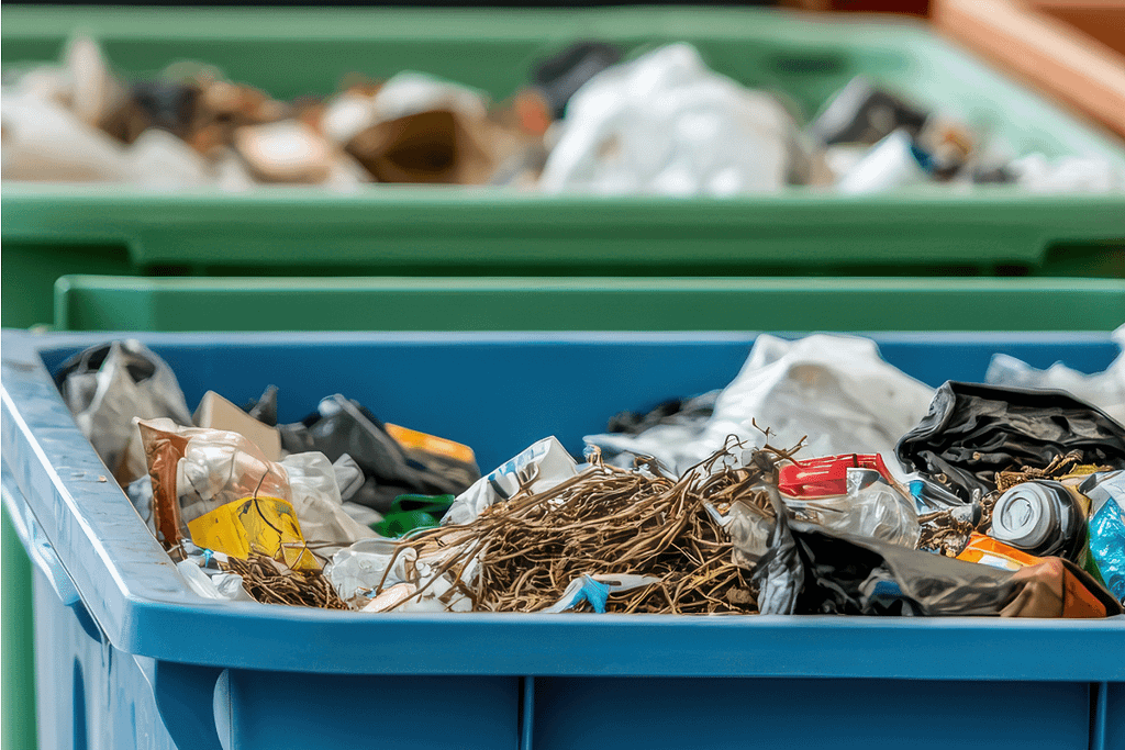 Secchi pieni di rifiuti plastici