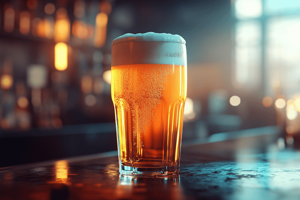 Bicchiere riutilizzabile in plastica dura con birra servito in un bar, ideale per eventi e locali eco-friendly.
