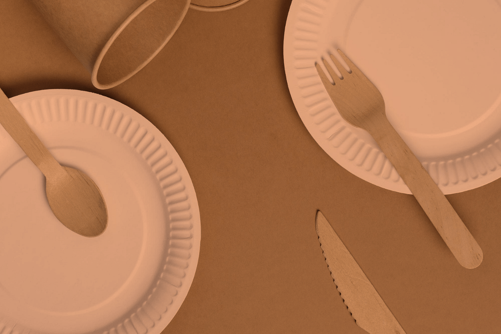 Piatti di carta compostabili con posate in legno sostenibili per ristorazione ed eventi eco-friendly.
