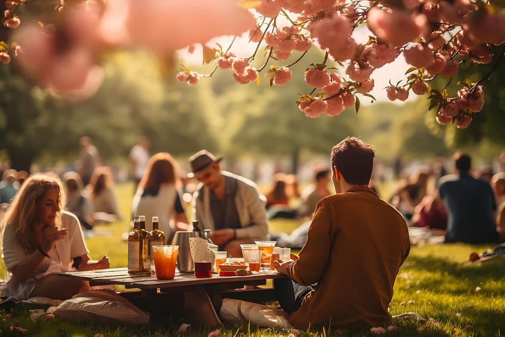 Persone che partecipano a un’ecofesta all’aperto sotto alberi fioriti, con bevande e cibo serviti su stoviglie compostabili, in un’atmosfera conviviale e sostenibile.
