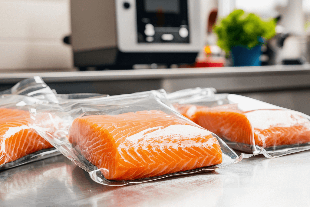 Buste sottovuoto compostabili con filetti di salmone confezionati, ideali per alimenti freschi e conservazione sostenibile.