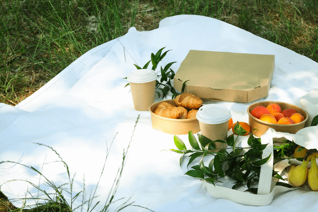 Picnic con stoviglie compostabili: bicchieri in cartoncino, contenitori per alimenti e scatola pizza sostenibile.