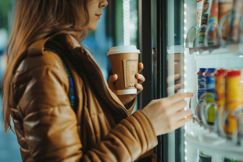 Donna con bicchiere compostabile seleziona una bevanda da un distributore automatico.