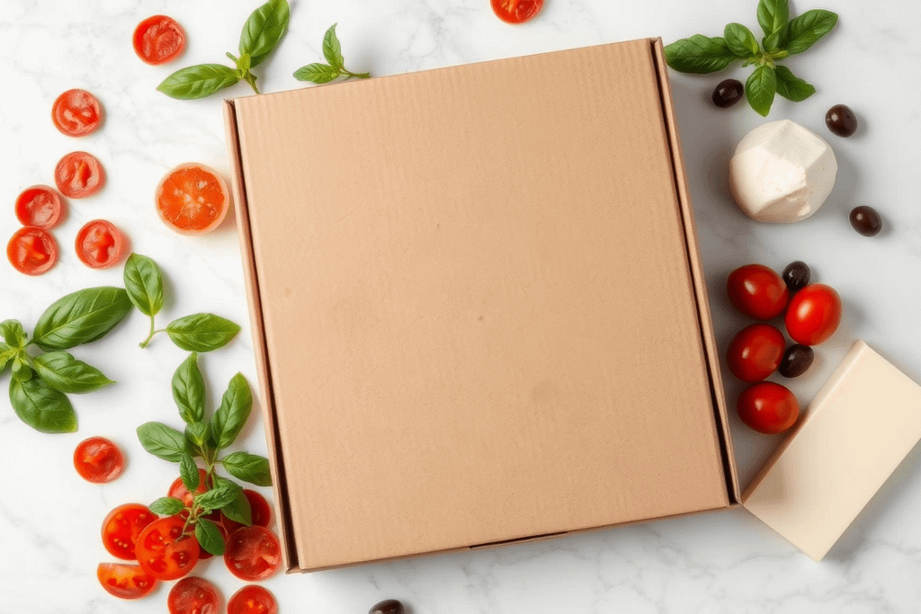 Scatola compostabile per pizza con ingredienti freschi su sfondo bianco.