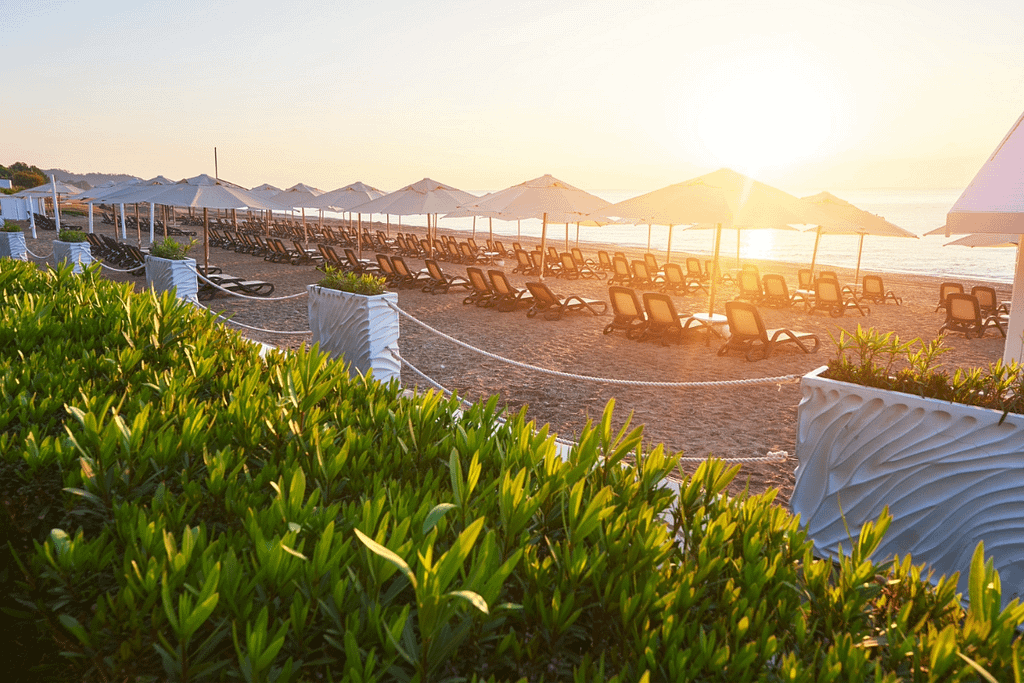 Stabilimento balneare ecosostenibile con lettini e ombrelloni al tramonto