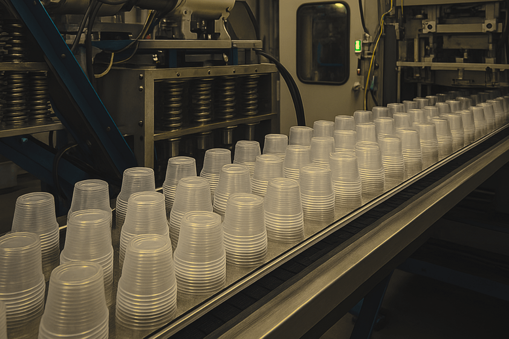 Linea di produzione di bicchieri di plastica inquinanti.