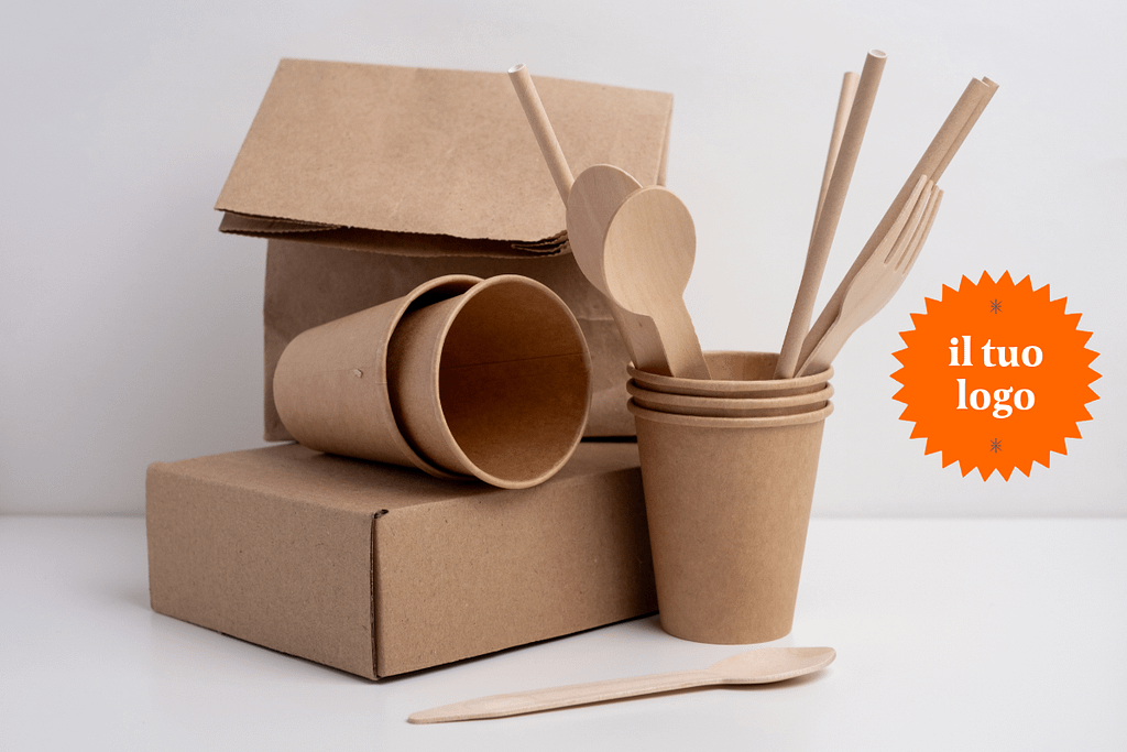 Bicchiere compostabile personalizzato su tavolo in legno in ambiente naturale