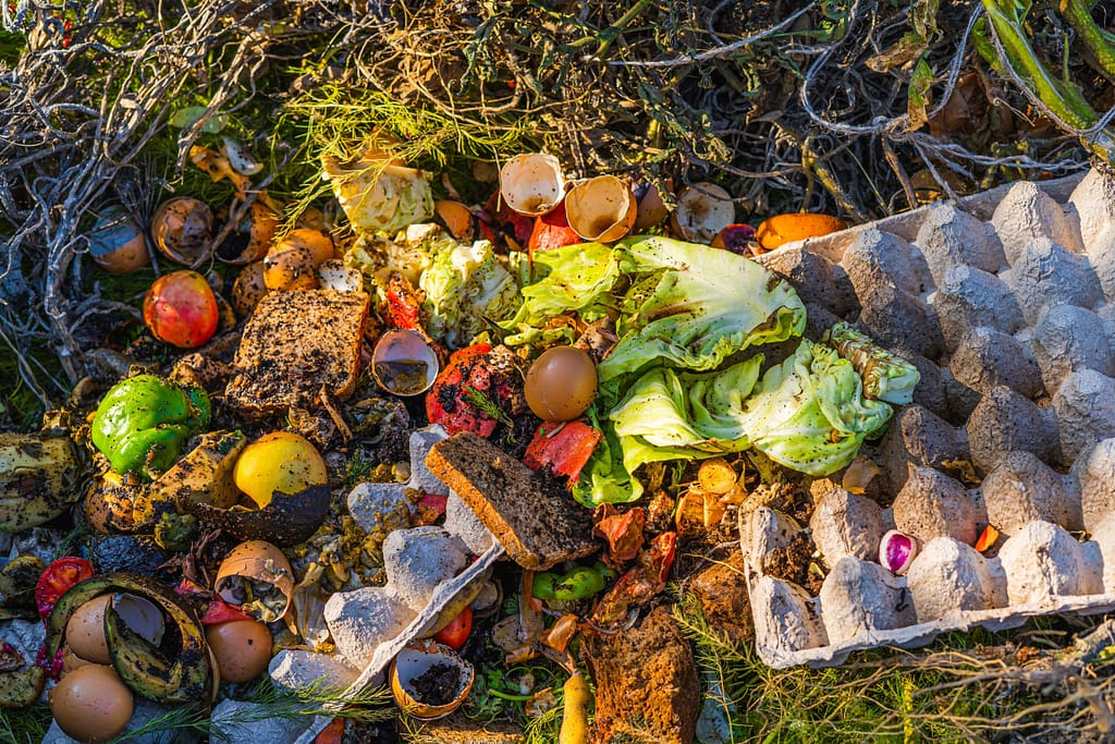 Scarti organici con bucce, verdure, gusci d’uovo e residui vegetali in compostiera per il compostaggio domestico