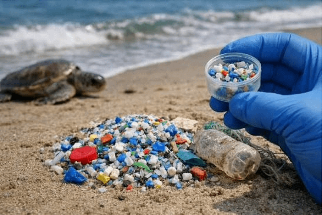 Microplastiche raccolte sulla spiaggia con tartaruga marina sullo sfondo