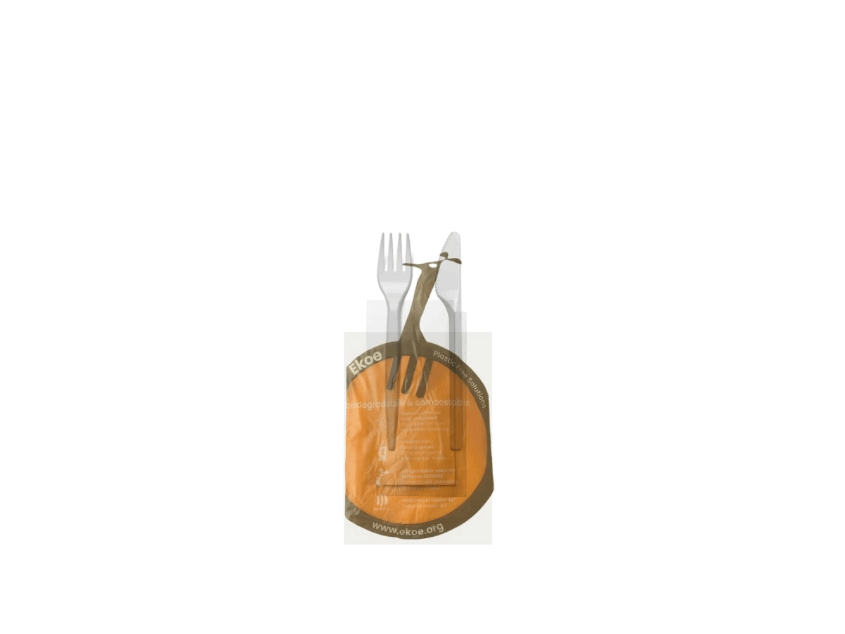 Posate monouso compostabili con tovagliolo, ideali per catering, eventi e takeaway eco-sostenibili