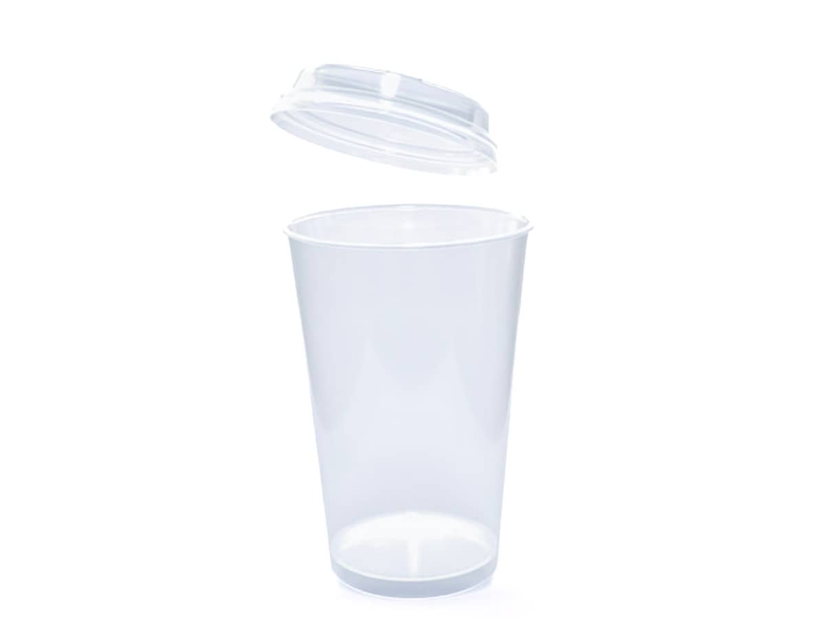 Gobelet compostable avec couvercle anti-goutte, 400 ml, en PLA transparent.