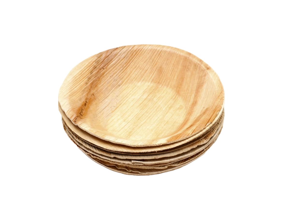 Assiettes jetables compostables en pulpe, bois et feuilles de palmier pour aliments chauds et froids