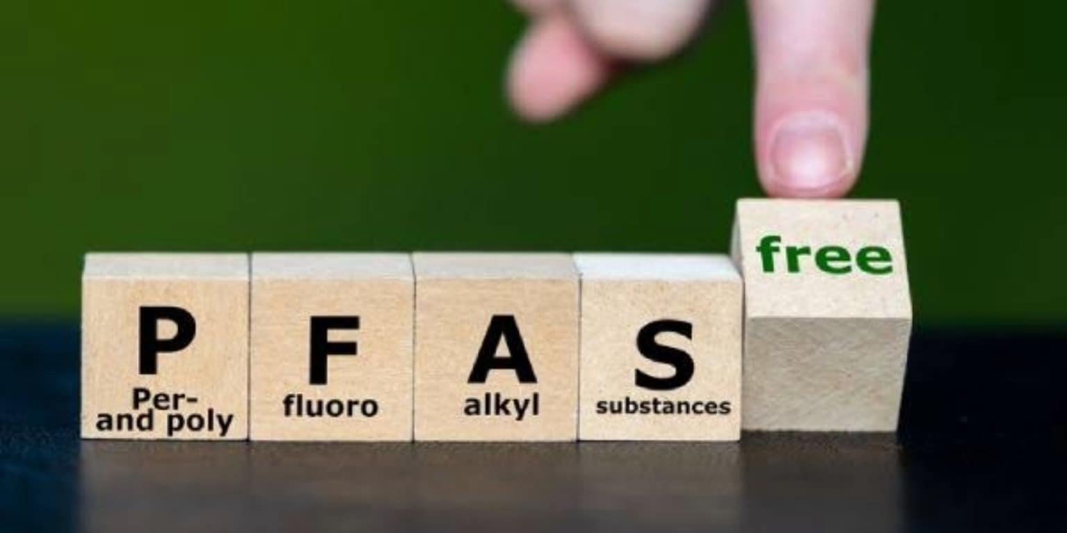 Blocchi di legno con la scritta PFAS e un elemento “free” che indica l’assenza di sostanze perfluoroalchiliche e polifluoroalchiliche