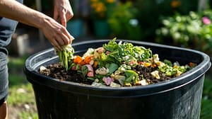 Scarti organici vegetali inseriti in una compostiera domestica fai da te per la produzione di compost naturale.