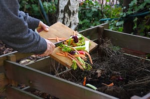 Scarti di cucina e residui vegetali inseriti nella compostiera per compostaggio domestico corretto