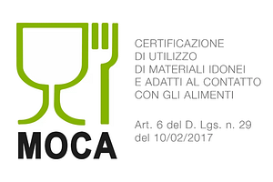 Logo MOCA con simbolo bicchiere e forchetta per materiali idonei al contatto alimentare