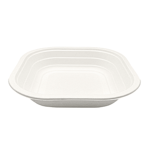 Plateaux carrés compostables 18×18 cm, 600 ml, thermo-scellables et adaptés au contact alimentaire.