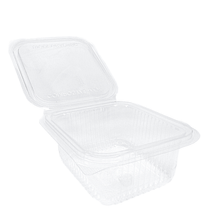 Plateaux alimentaires en bioplastique 500 ml avec couvercle charnière, transparents et compostables.