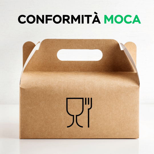 Scatola in cartone con simbolo bicchiere e forchetta e scritta Conformità MOCA