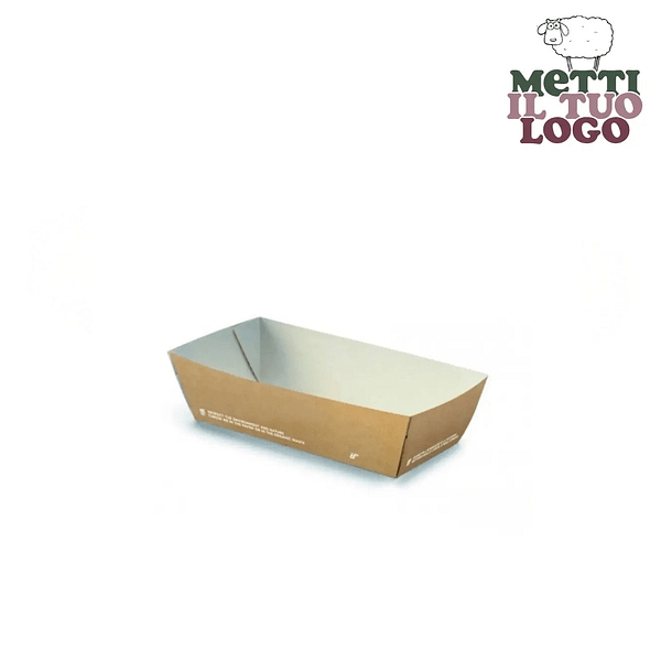 Barchetta finger food in cartone avana personalizzabile con logo, compostabile e rivestita in PLA