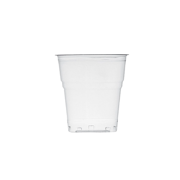 Bicchiere trasparente in plastica biodegradabile, vuoto