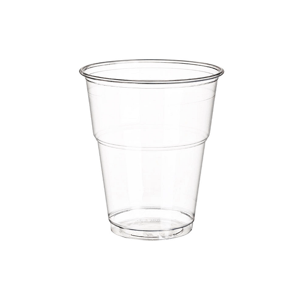 Bicchiere trasparente in plastica biodegradabile, vuoto, per birra.