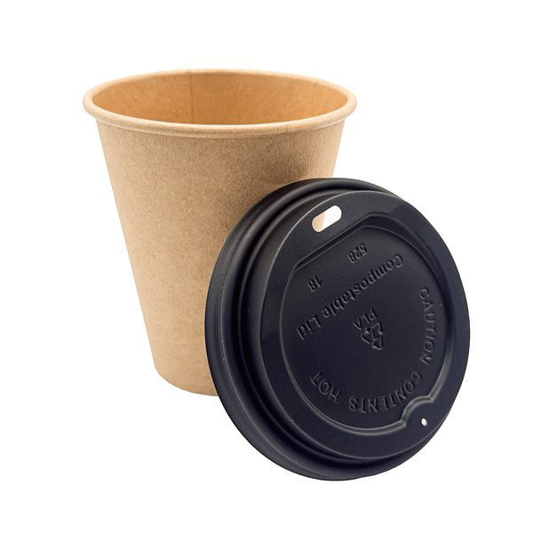 Bicchiere compostabile da 290 ml color avana con coperchio nero in PLA