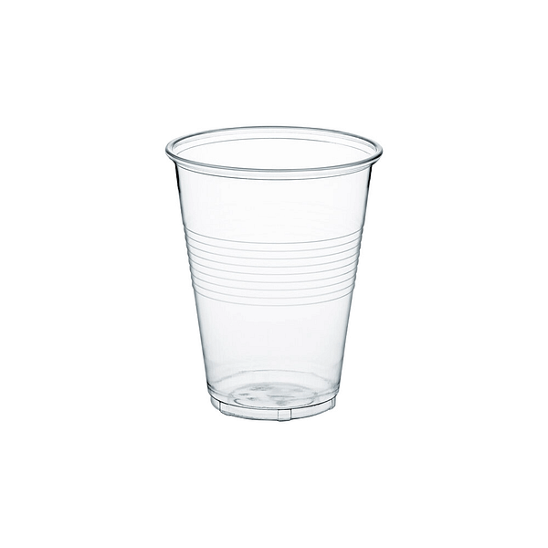 Bicchiere trasparente in plastica biodegradabile, vuoto, su sfondo bianco.
