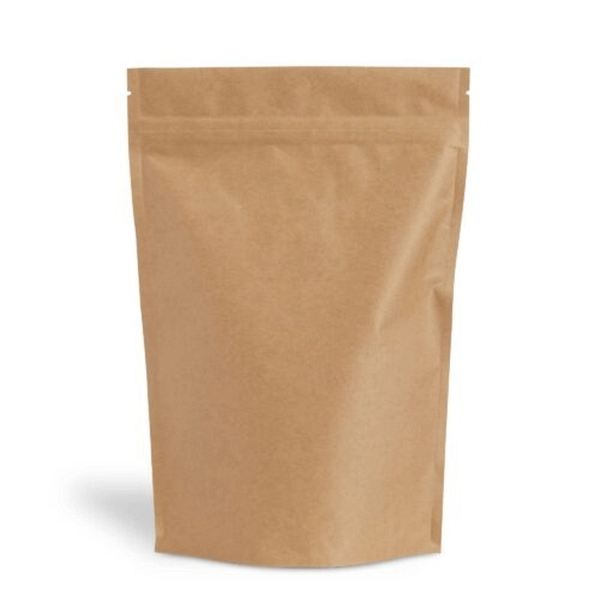 Busta stand-up con zip in carta kraft e PLA, dimensioni 19+11x26.5 cm. Confezione da 100 pezzi.