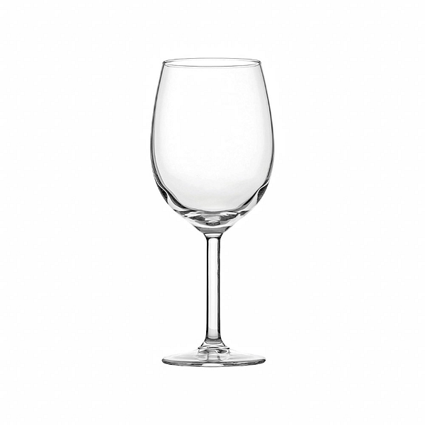 Calice da vino in policarbonato trasparente, vuoto, su sfondo bianco.