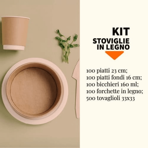 Kit stoviglie in legno 100 pz